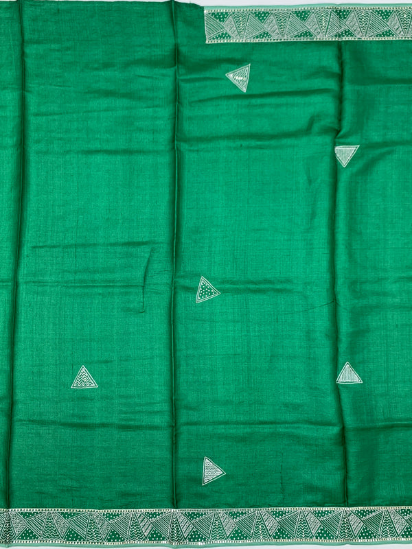 Vibrant Green Tussore Silk Saree with Geometric Triangle Motifs & Border