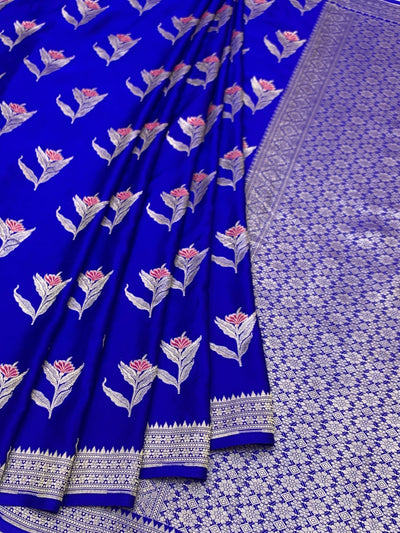 Royal Blue Mashru Silk Saree with Floral Motifs & Silver Zari Jaal Pallu