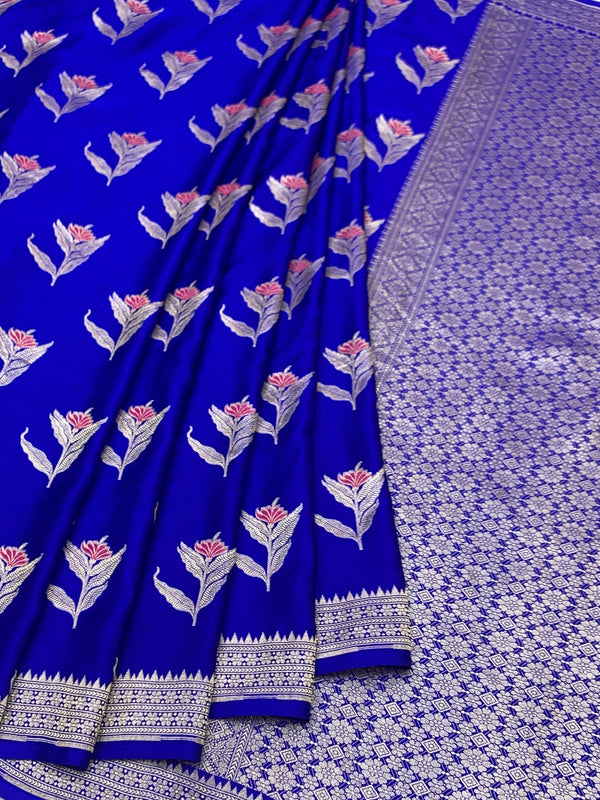Royal Blue Mashru Silk Saree with Floral Motifs & Silver Zari Jaal Pallu