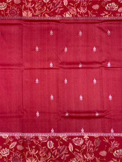 Deep Crimson Red Tussore Saree with Woven Butis and Floral Printed Border