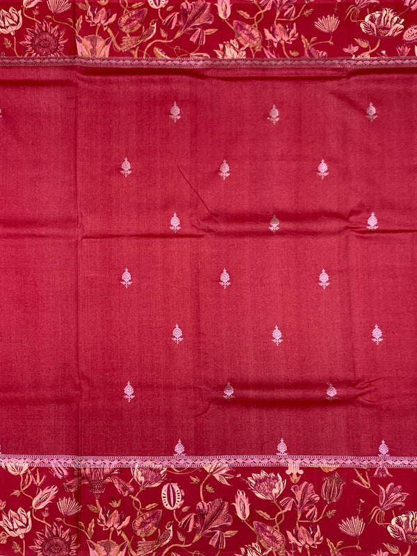 Deep Crimson Red Tussore Saree with Woven Butis and Floral Printed Border