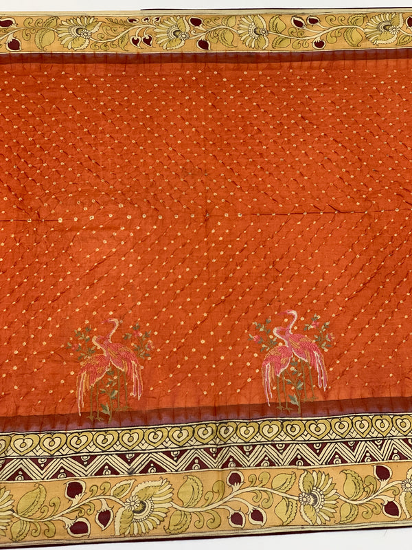 Tussore Kalamkari Bandhani Saree Rust In Colour