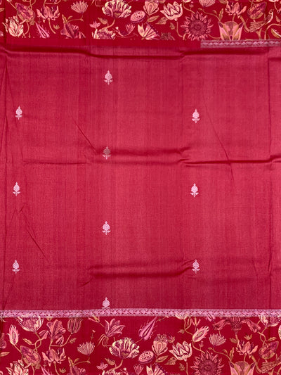 Deep Crimson Red Tussore Saree with Woven Butis and Floral Printed Border