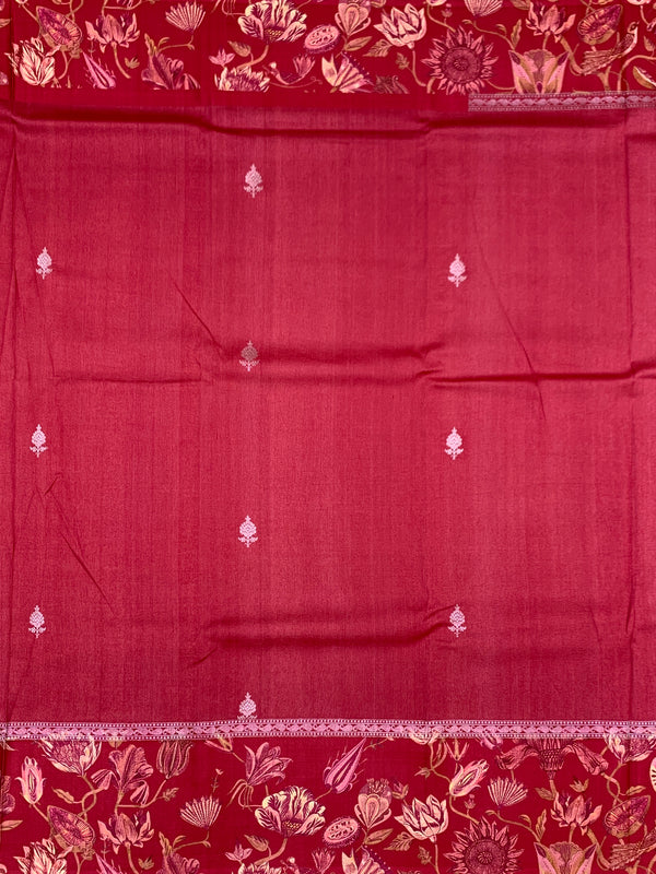 Deep Crimson Red Tussore Saree with Woven Butis and Floral Printed Border