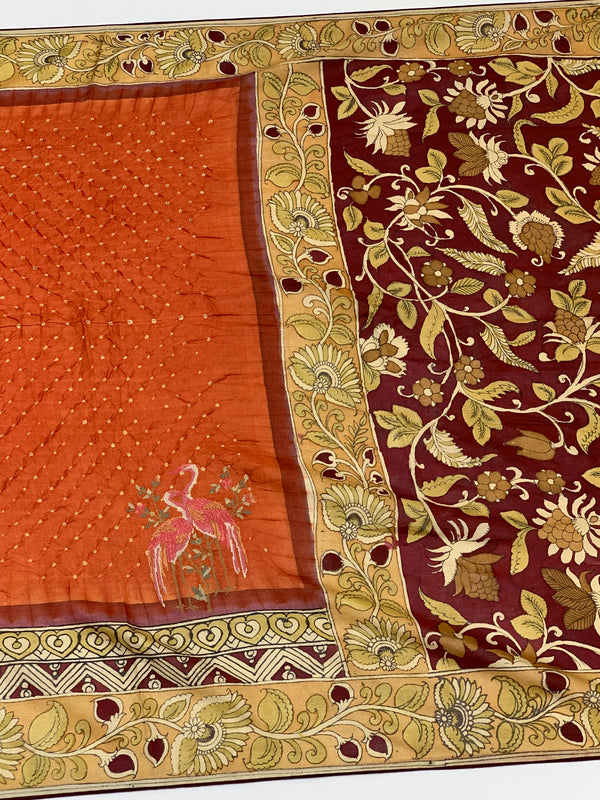 Tussore Kalamkari Bandhani Saree Rust In Colour