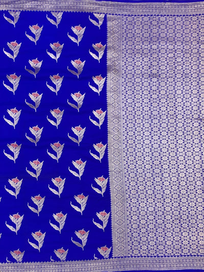 Royal Blue Mashru Silk Saree with Floral Motifs & Silver Zari Jaal Pallu