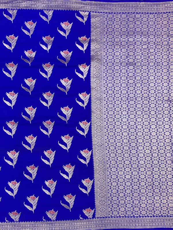 Royal Blue Mashru Silk Saree with Floral Motifs & Silver Zari Jaal Pallu
