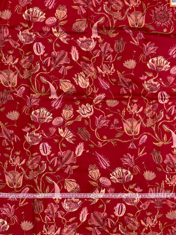 Deep Crimson Red Tussore Saree with Woven Butis and Floral Printed Border