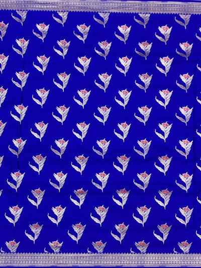 Royal Blue Mashru Silk Saree with Floral Motifs & Silver Zari Jaal Pallu