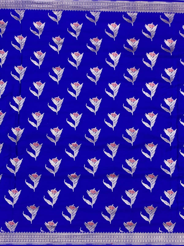 Royal Blue Mashru Silk Saree with Floral Motifs & Silver Zari Jaal Pallu