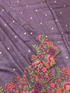 Muted Mauve Tussore Silk Saree with Scalloped Floral Embroidery & Woven Accents