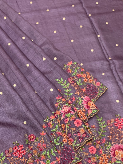 Muted Mauve Tussore Silk Saree with Scalloped Floral Embroidery & Woven Accents