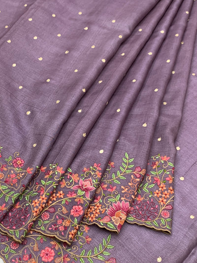 Muted Mauve Tussore Silk Saree with Scalloped Floral Embroidery & Woven Accents