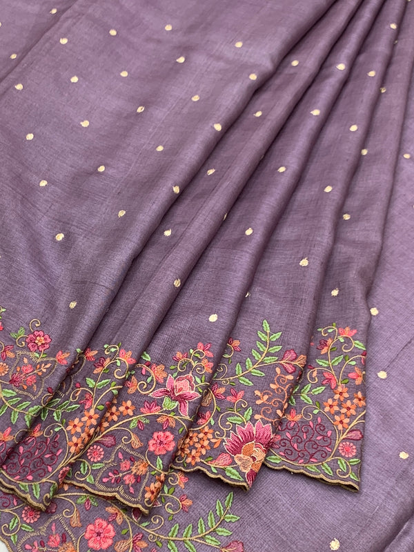 Muted Mauve Tussore Silk Saree with Scalloped Floral Embroidery & Woven Accents