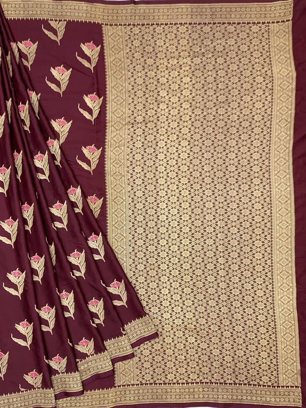 Deep Wine Mashru Silk Saree with Floral Motifs & Gold Zari Jaal Pallu