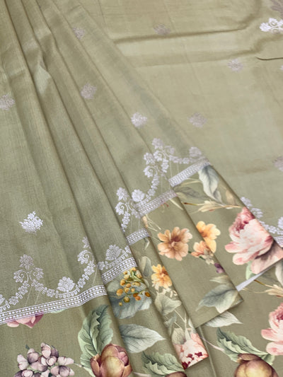 Sage Green Tussore Saree with Silver Weave with Floral Border