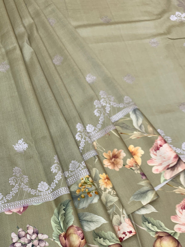 Sage Green Tussore Saree with Silver Weave with Floral Border