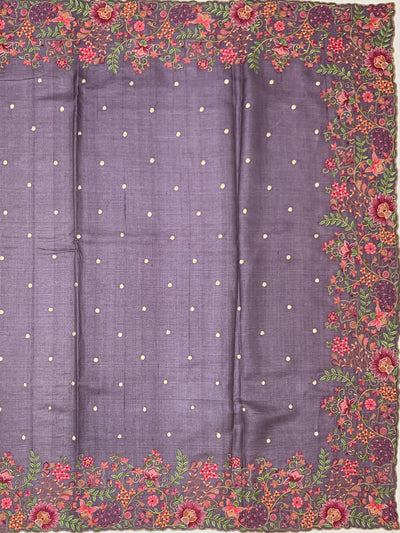 Muted Mauve Tussore Silk Saree with Scalloped Floral Embroidery & Woven Accents