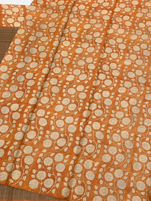 Brown Tussore Saree With Floral Border