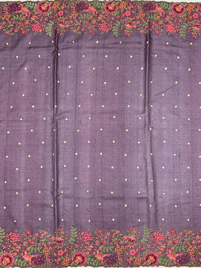 Muted Mauve Tussore Silk Saree with Scalloped Floral Embroidery & Woven Accents