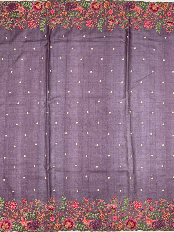 Muted Mauve Tussore Silk Saree with Scalloped Floral Embroidery & Woven Accents