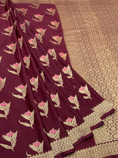 Deep Wine Mashru Silk Saree with Floral Motifs & Gold Zari Jaal Pallu