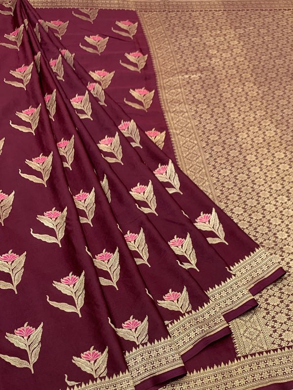 Deep Wine Mashru Silk Saree with Floral Motifs & Gold Zari Jaal Pallu