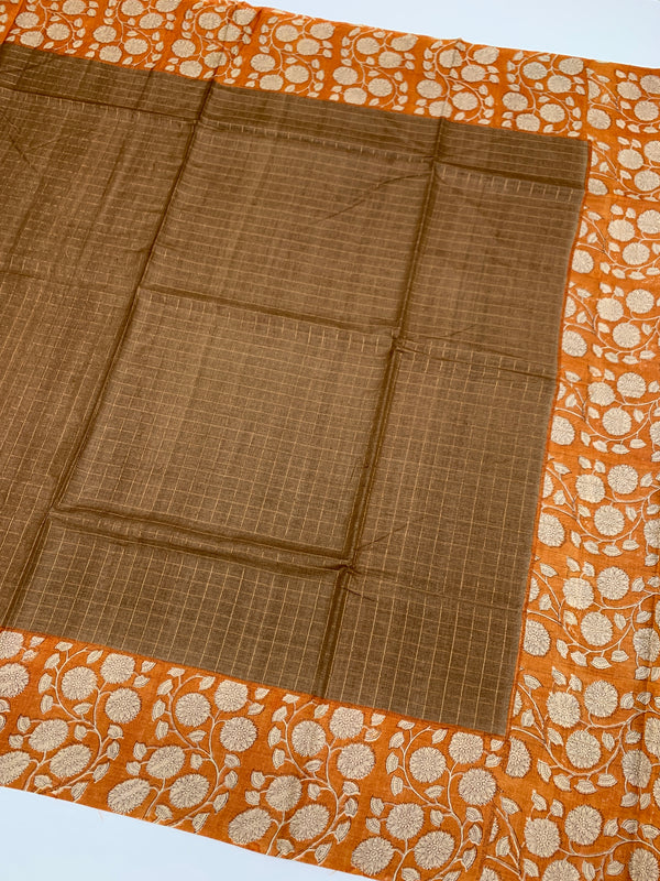 Brown Tussore Saree With Floral Border