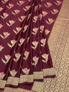 Deep Wine Mashru Silk Saree with Floral Motifs & Gold Zari Jaal Pallu