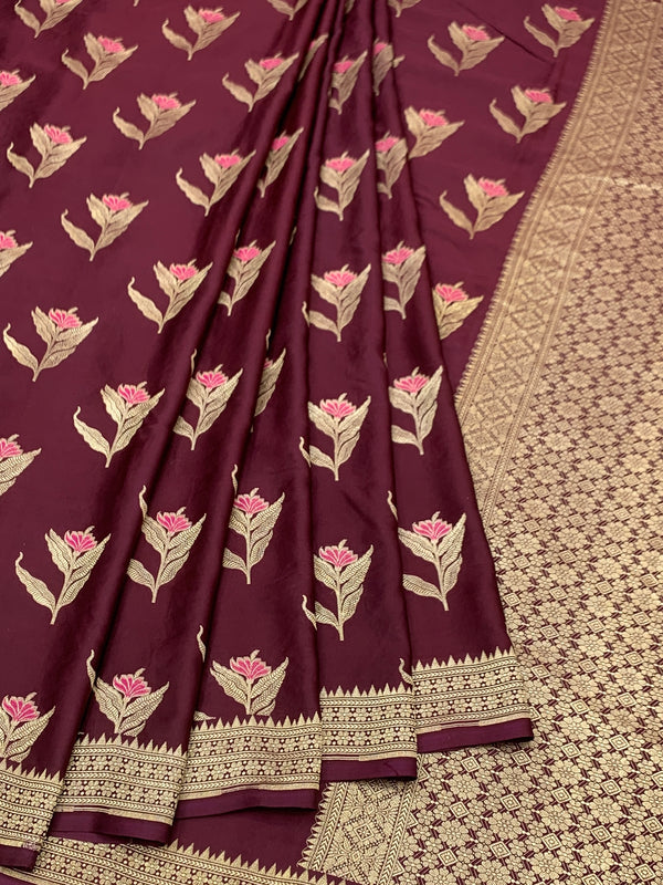 Deep Wine Mashru Silk Saree with Floral Motifs & Gold Zari Jaal Pallu