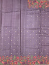 Muted Mauve Tussore Silk Saree with Scalloped Floral Embroidery & Woven Accents
