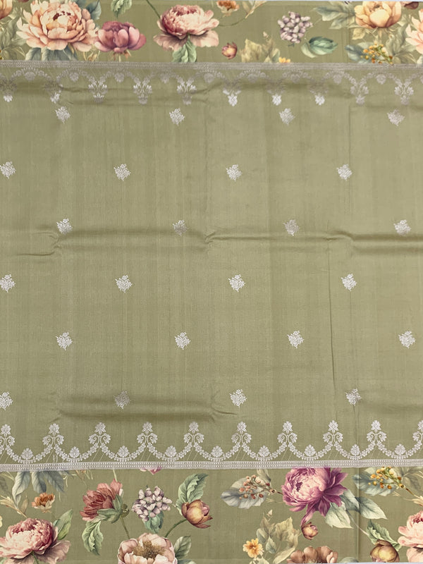 Sage Green Tussore Saree with Silver Weave with Floral Border