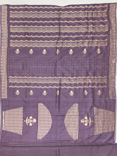 Muted Mauve Tussore Silk Saree with Scalloped Floral Embroidery & Woven Accents