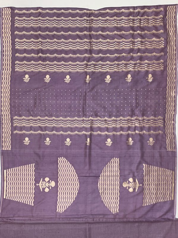 Muted Mauve Tussore Silk Saree with Scalloped Floral Embroidery & Woven Accents