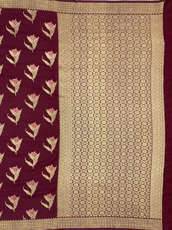 Deep Wine Mashru Silk Saree with Floral Motifs & Gold Zari Jaal Pallu