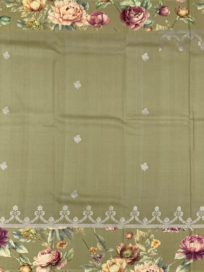Sage Green Tussore Saree with Silver Weave with Floral Border