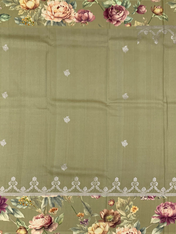 Sage Green Tussore Saree with Silver Weave with Floral Border
