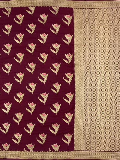 Deep Wine Mashru Silk Saree with Floral Motifs & Gold Zari Jaal Pallu