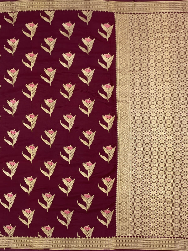 Deep Wine Mashru Silk Saree with Floral Motifs & Gold Zari Jaal Pallu