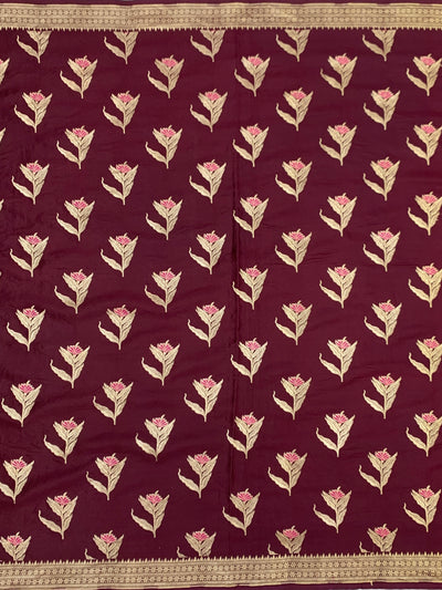 Deep Wine Mashru Silk Saree with Floral Motifs & Gold Zari Jaal Pallu