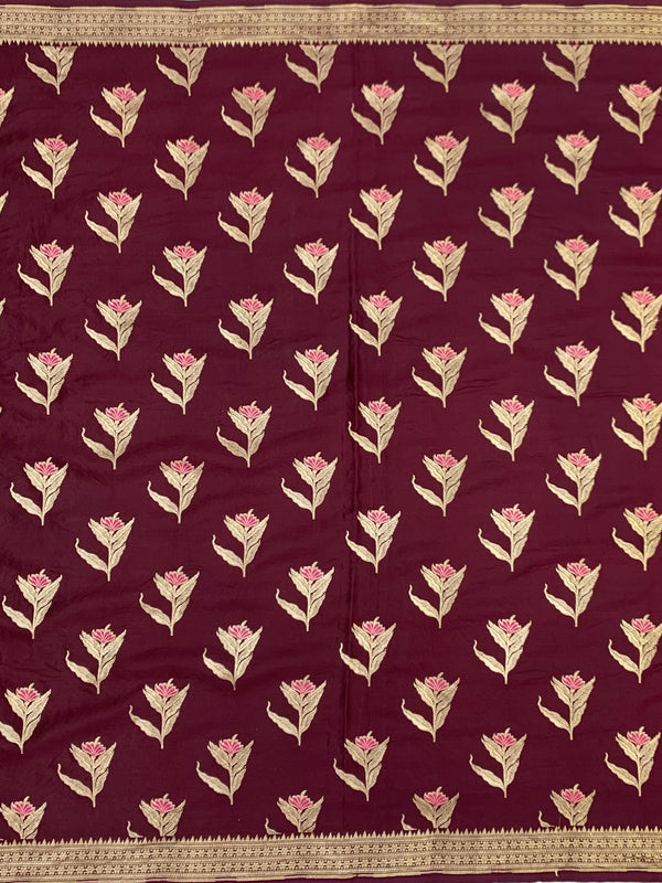 Deep Wine Mashru Silk Saree with Floral Motifs & Gold Zari Jaal Pallu
