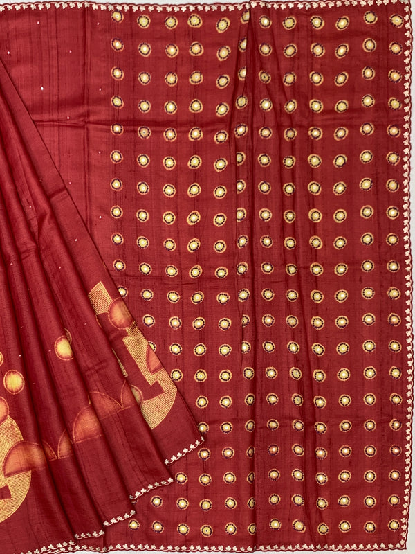 Deep Brick Red Tussore Silk Saree with Embroidered Circular Bootis