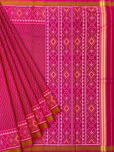 Vibrant Hot Pink Chevron Rajkot Patola Silk Saree