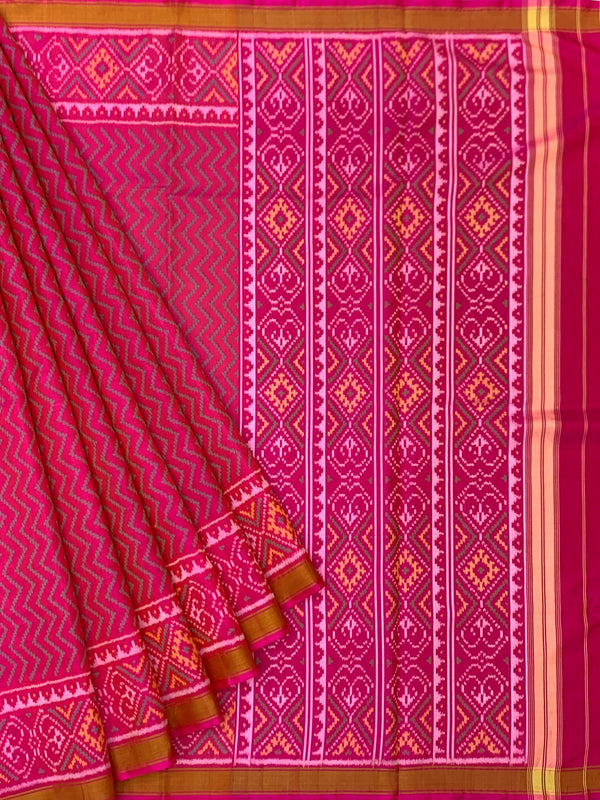 Vibrant Hot Pink Chevron Rajkot Patola Silk Saree