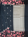 Midnight Bloom Black Tussore Saree with Pink Floral Border