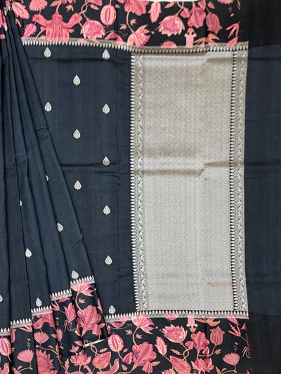 Midnight Bloom Black Tussore Saree with Pink Floral Border