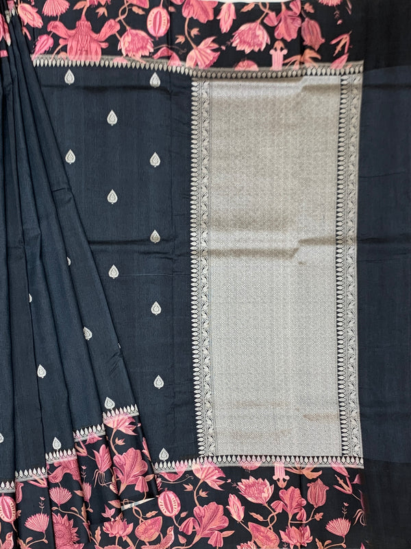 Midnight Bloom Black Tussore Saree with Pink Floral Border