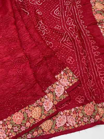 Tussore Silk Bandhani Saree Brick-Red In Colour
