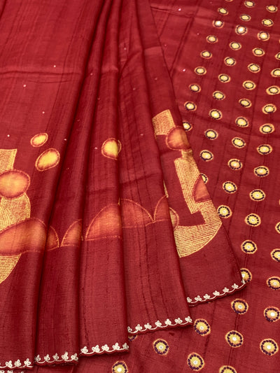Deep Brick Red Tussore Silk Saree with Embroidered Circular Bootis