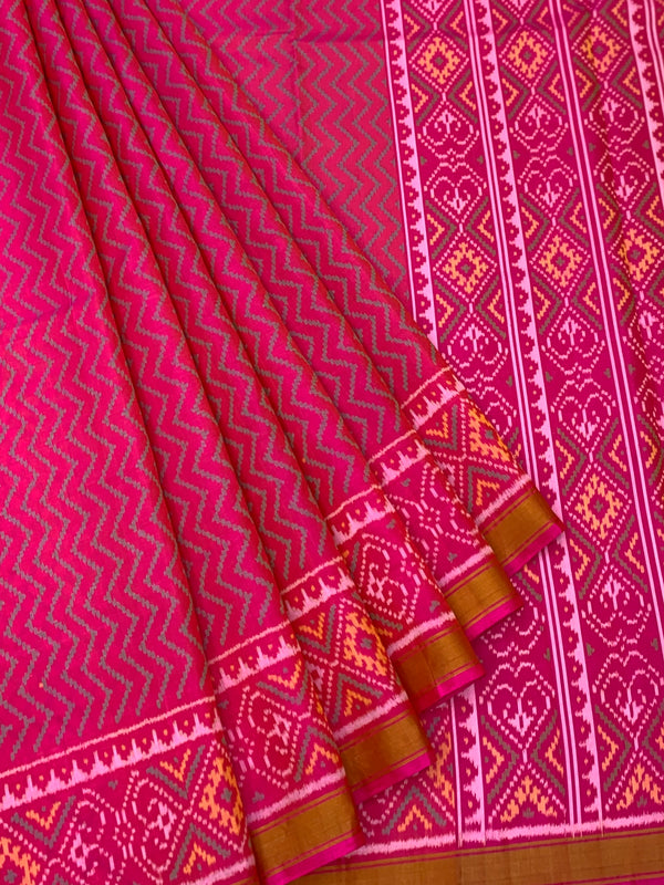 Vibrant Hot Pink Chevron Rajkot Patola Silk Saree